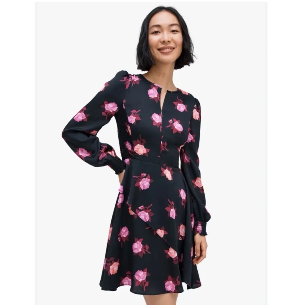 Kate Spade Rose Garden Smocked Satin Dress